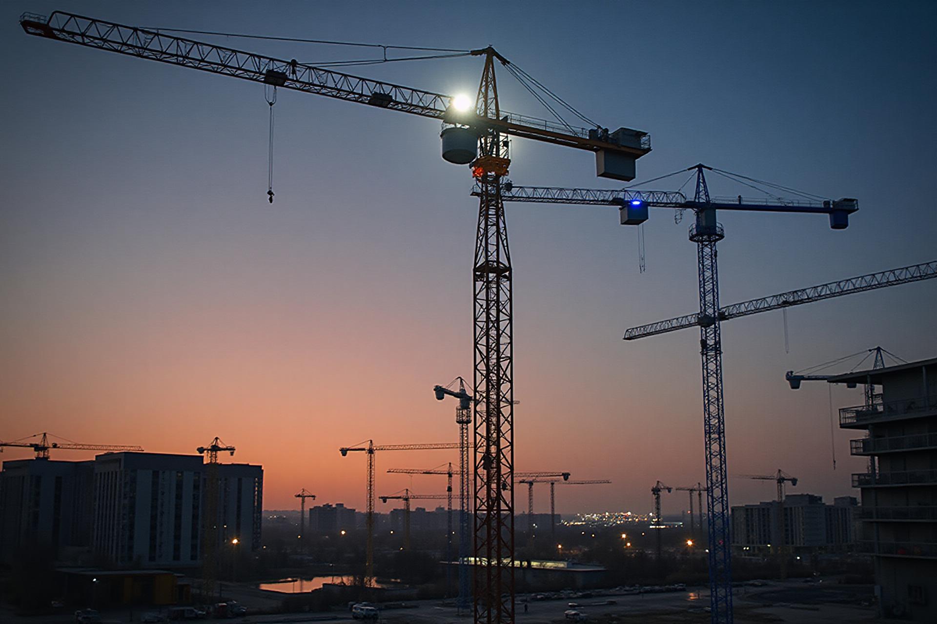 Byggeplads med belysning og lysmaster ved skumring