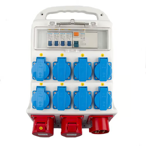 Byggestrømstavle med blå 16A og røde 32A CEE-stik – professionel byggepladsinstallation