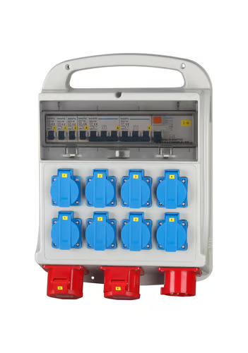 Professionel strømtavle til byggeplads med blå CEE-udtag og automatsikringer
